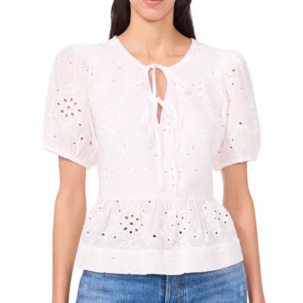 NWT Parker White Cotton Alina Tie Front Eyelet Peplum Blouse Top Size XXL